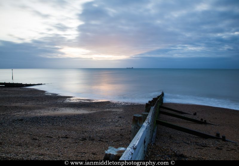 Dawn breaks at Kingsdown beach, near the famous White Cliffs of Dover, Kent, England