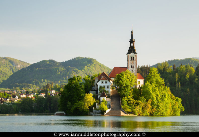 Spring morning view across Lake Bled to the island church of the assumption of saint mary, Slovenia.