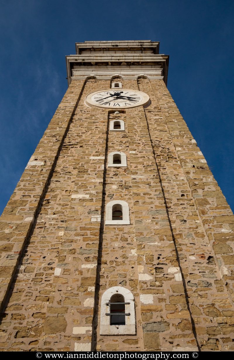 View of Saint George's campanile in Piran, Slovenia. The campanile was built as a smaller replica of the one in Piazza San Marco in Venice.