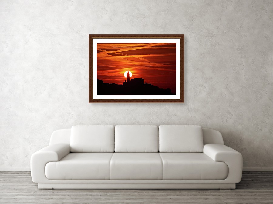 Framed print example of Piran church at sunset photo.