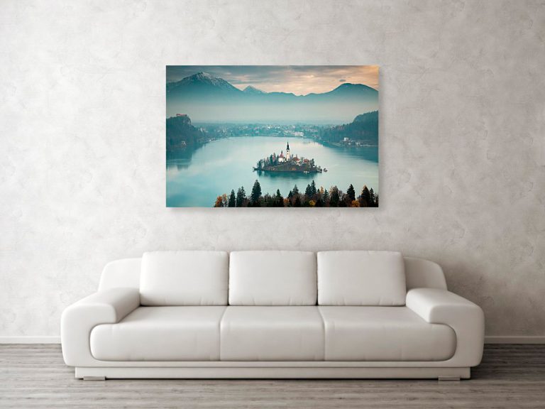 Lake Bled at sunrise from Ojstrica Hill - box canvas photo print example.