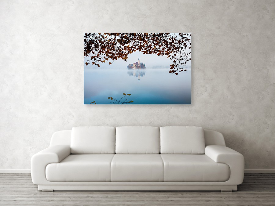 Lake Bled on a misty morning - acrylic photo print example