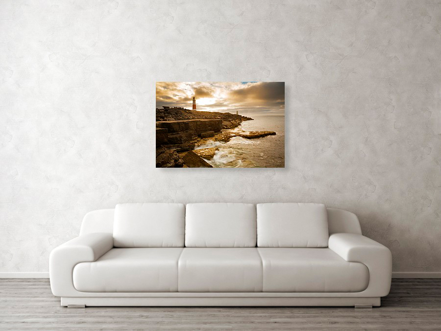 Portland Bill lighthouse at sunrise canvas print example in situ on wall