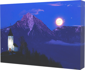 Moon over Jamnik church canvas photo print example.