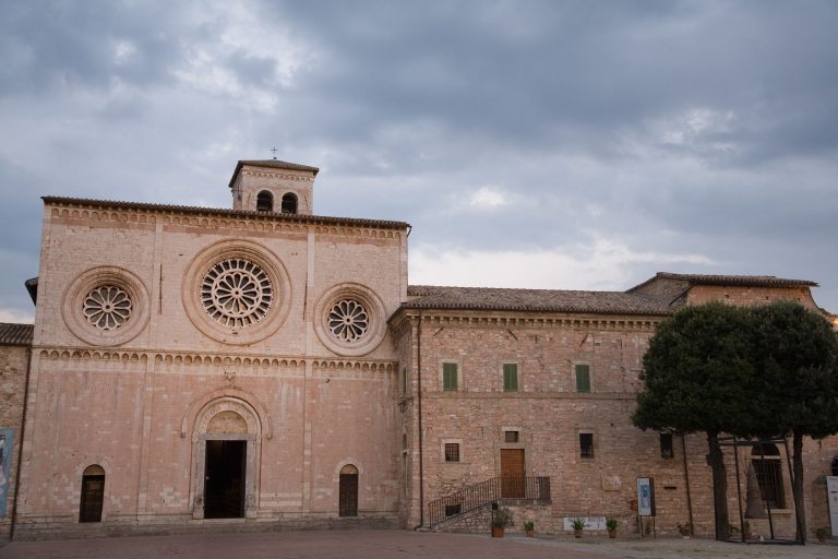 Exterior of the Romanesque church in Piazza San Pietro, Assisi. An UNESCO World Heritage site