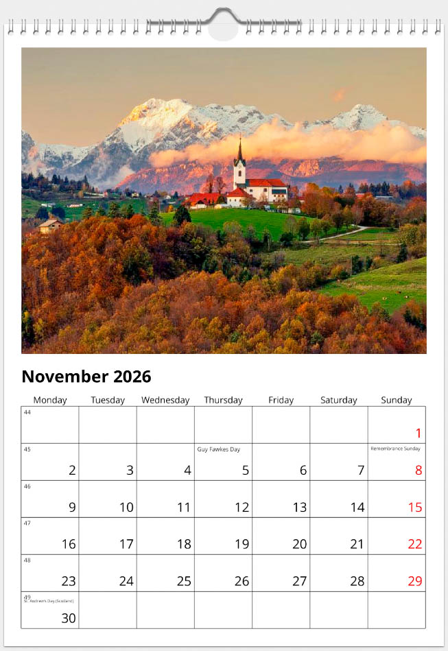 A3 Slovenia calendar November 2026