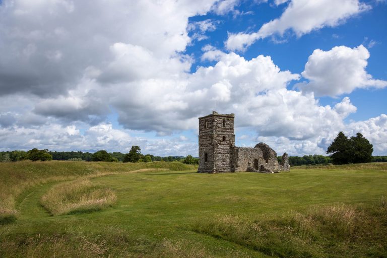 The ruins of Knowlton Church, a 12th century Norman church that was built on the centre of an ancient neolithic henge earthworks.