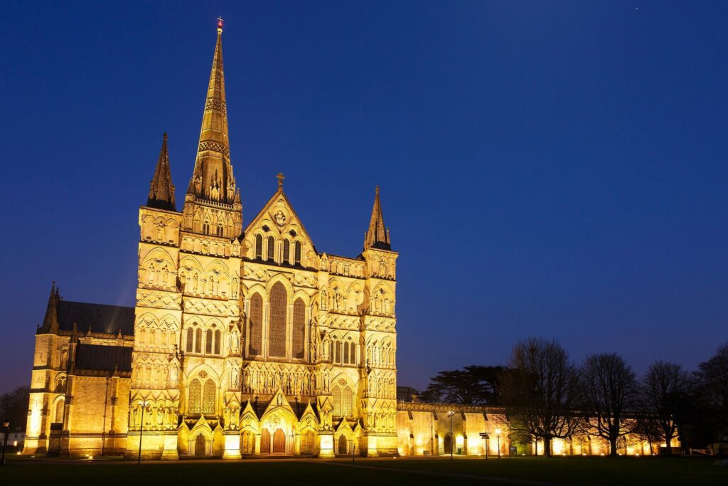 Salisbury cathedral at dusk, Wiltshire, England.