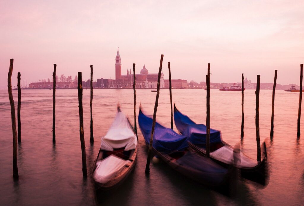 Sunset over the Grand Canal in Venice, Italy.