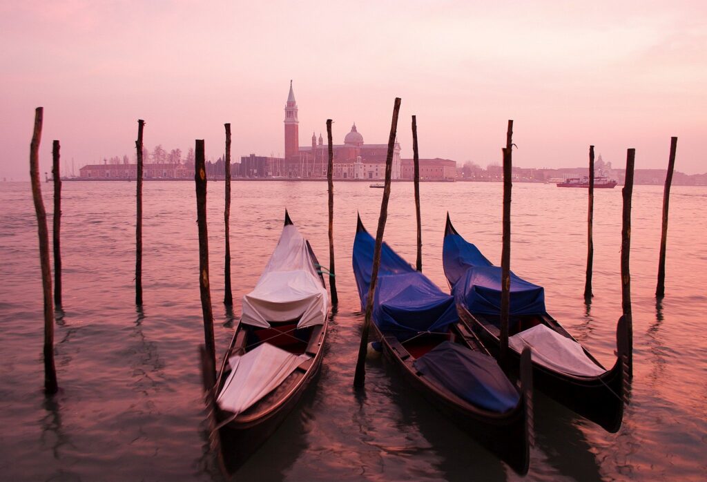 Sunset over the Grand Canal in Venice, Italy.