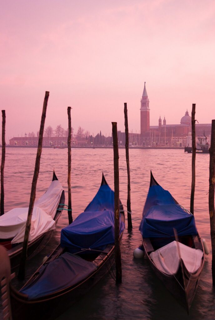 Sunset over the Grand Canal in Venice, Italy.