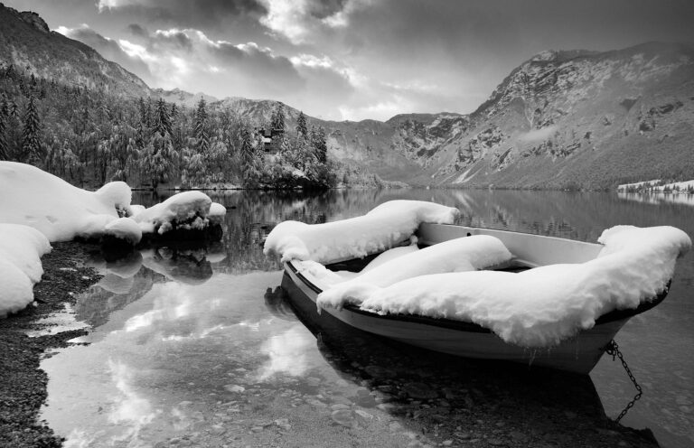 Winter at Lake Bohinj in black and white, Slovenia