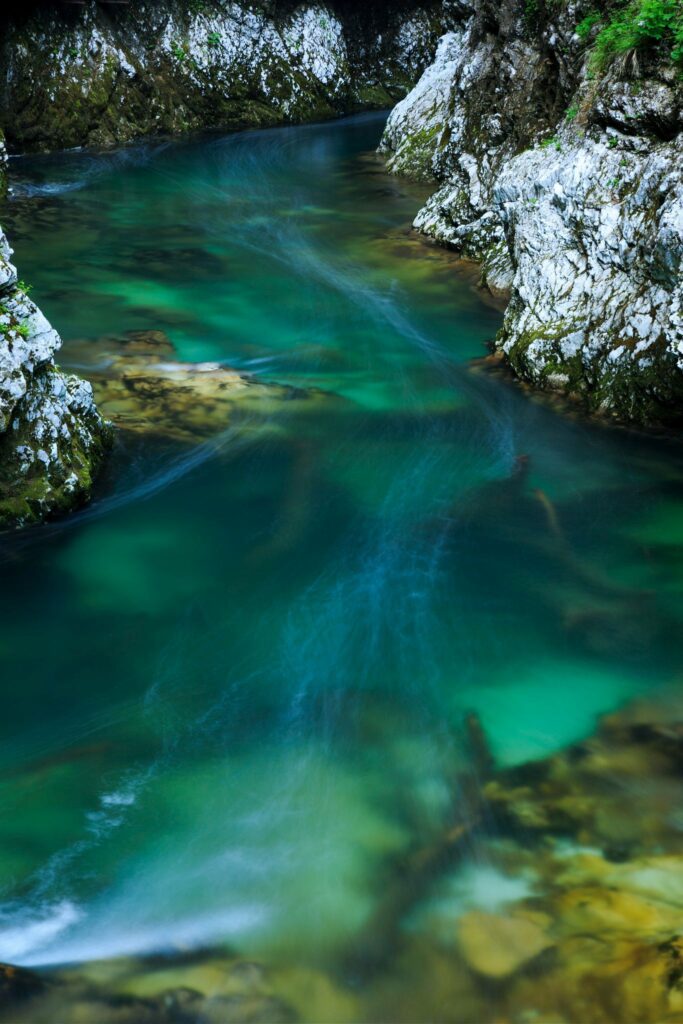 The Soteska Vintgar gorge, Gorje, near Bled, Slovenia. The 1.6 km long Vintgar gorge has been carved through the vertical rocks of the Hom and Bort hills by the Radovna River.