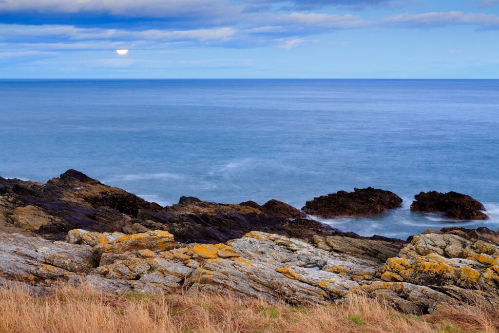 Moon rising after sunset at Portlethen, near Aberdeen, Scotland.