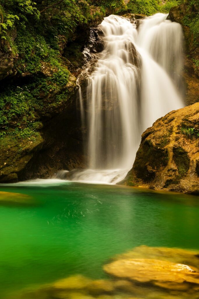 The 16 Metre high Sum Waterfall in Vintgar Gorge, near Bled, Slovenia.