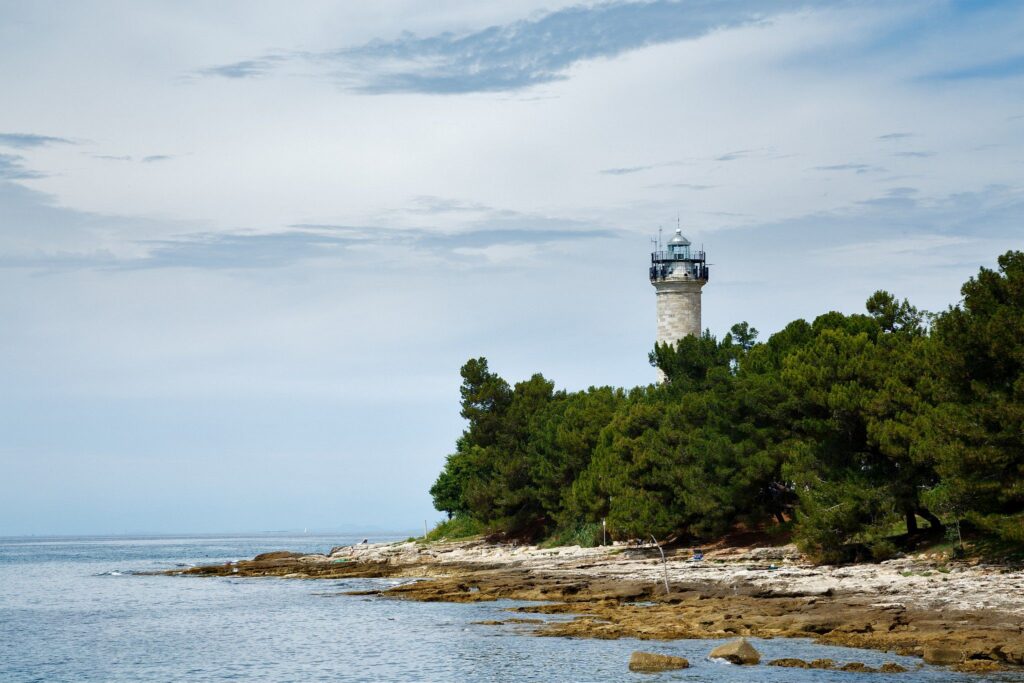 Savudrija Lighthouse, seen from basanija, Istria Coast, Croatia. This is the oldest lighthouse in Croatia.