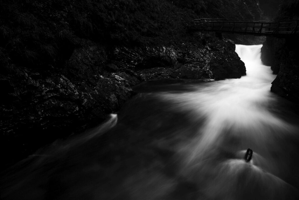 The Soteska Vintgar gorge, Gorje, near Bled, Slovenia. . The 1.6 km long Vintgar gorge carves its way through the vertical rocks of the Hom and Bort hills by the Radovna River.