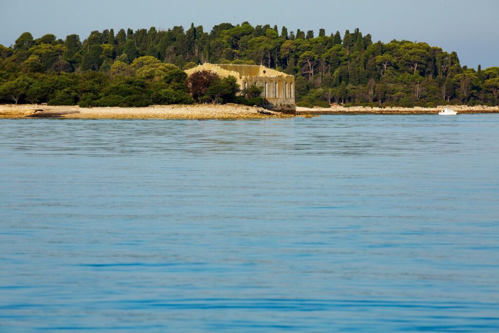 Ruins on Veli Brijuni Island, Croatia. Seen from Puntižela Beach, Štinjan north of Pula.