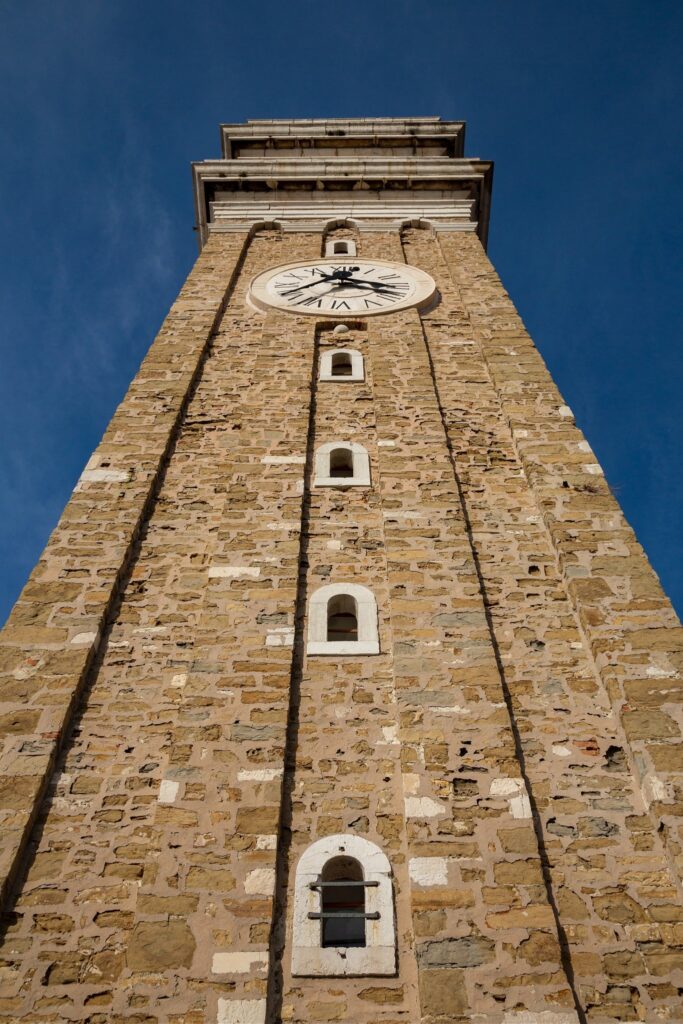 View of Saint George&#039;s campanile in Piran, Slovenia. The campanile was built as a smaller replica of the one in Piazza San Marco in Venice.