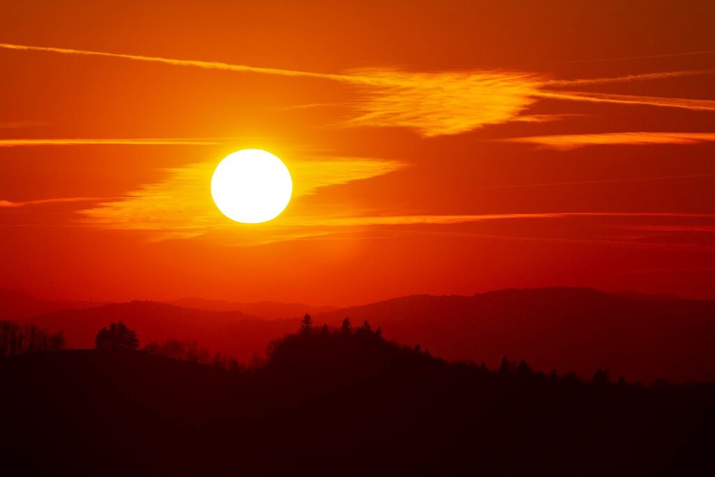 View across to the Ljubljana mountains at sunset, seen from a hill in prezganje in the Jance hills to the east of Ljubljana, Slovenia