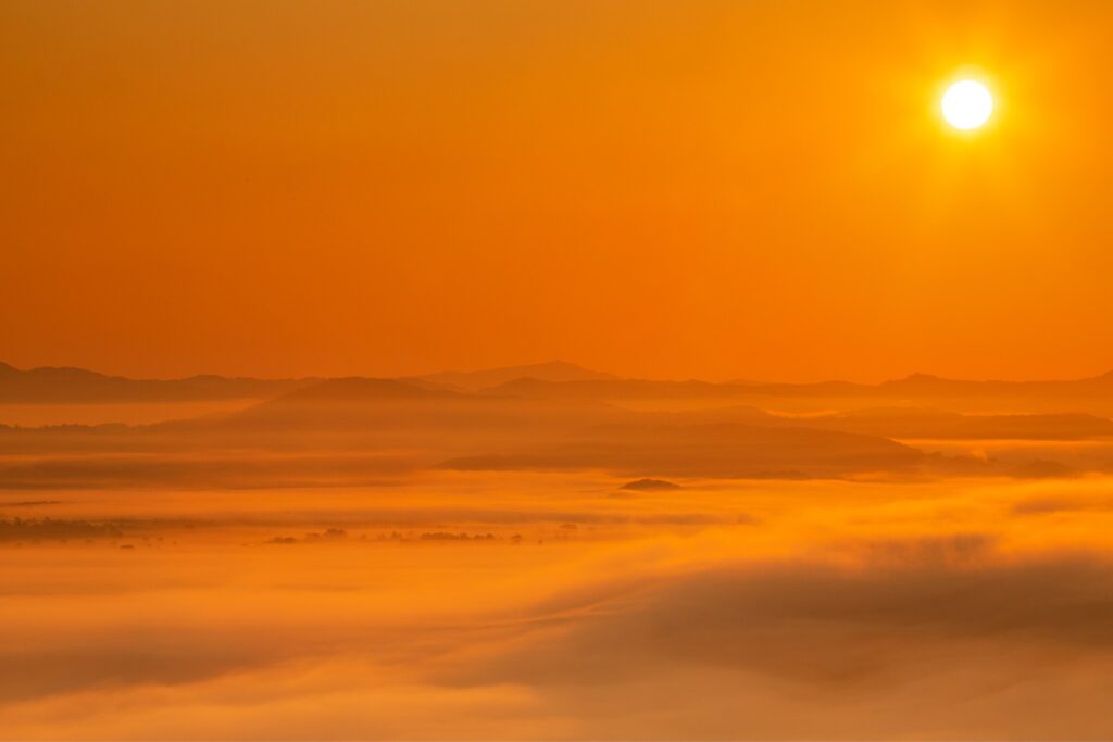 sunrise over the mist on the Ljubljana Moors (Ljubljansko Barje), a large area of wetland 160 square kilometres in size.