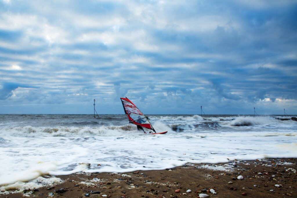 Windsurfing at Hunstanton beach, West Norfolk, England.