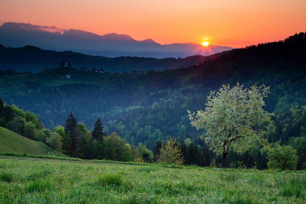 Springtime view at sunrise from Rantovše hill across to Sveti Tomaz nad Praprotnim (church of Saint Thomas) and the Kamnik Alps, Slovenia.