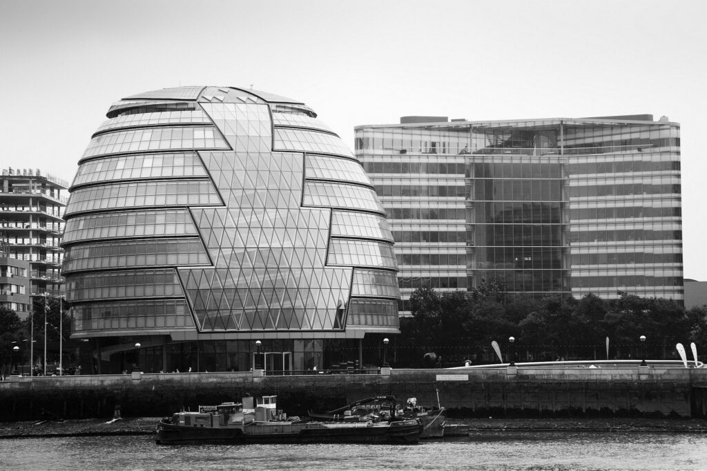 View across the River Thames to City Hall in London, England.