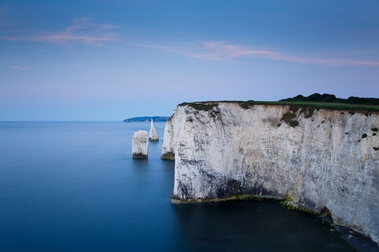 Sunrise at Old Harry Rocks, at Handfast Point on the Isle of Purbeck, Jurassic Coast, Dorset, England. A UNESCO World Heritage Site