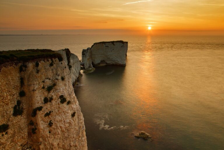 Sunrise at Old Harry Rocks, at Handfast Point on the Isle of Purbeck, Jurassic Coast, Dorset, England