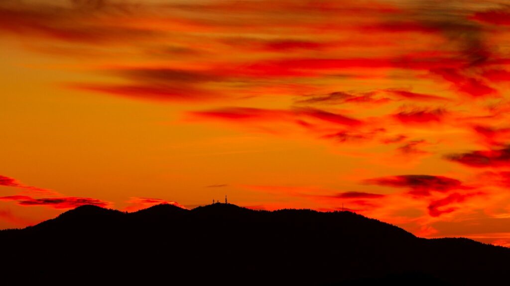 View across to Krim mountain at sunset, seen from a hill in prezganje in the Jance hills to the east of Ljubljana, Slovenia