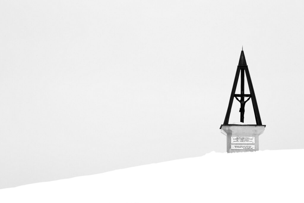 Winter shrine on a hill in prezganje in the Jance hills to the east of Ljubljana, Slovenia. The shrine is to Jesus Christ, built to commemorate the first visit of Pope John Paul the second to Slovenia in 1996.