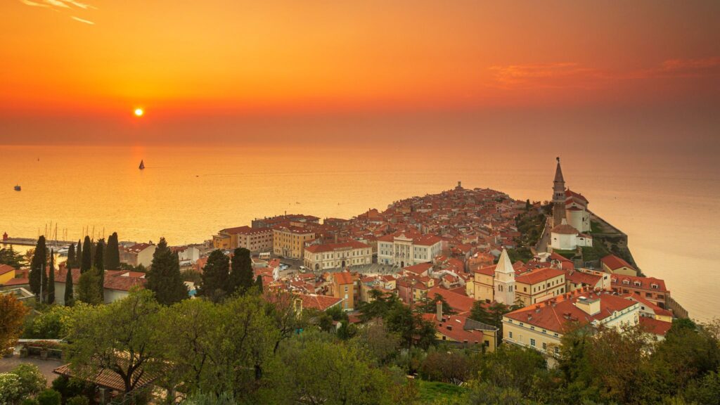 View of Piran at sunset from the old town walls, Slovenia.