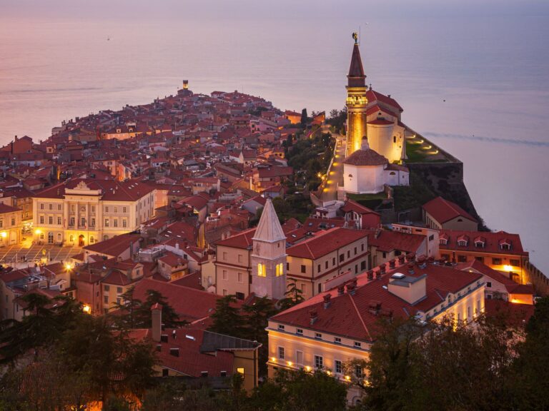 Piran at dusk from the old town walls, Slovenia.