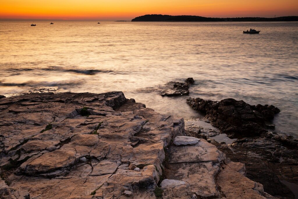 Verudela Beach, Pula, Croatia. The beautiful Istrian coastline at sunset.