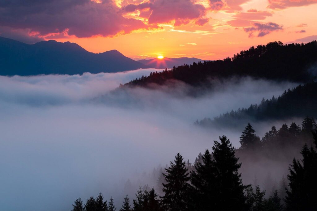 Sunrise over the Selca valley (Selška dolina) Skofja Loka, Slovenia.