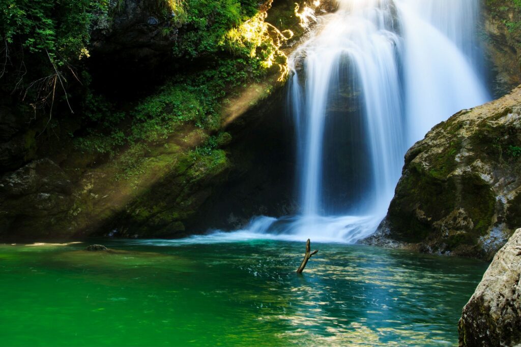 The 16 Metre high Sum Waterfall in Vintgar Gorge, near Bled, Slovenia.