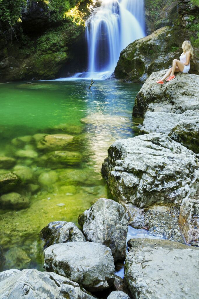 The 16 Metre high Sum Waterfall in Vintgar Gorge, near Bled, Slovenia.