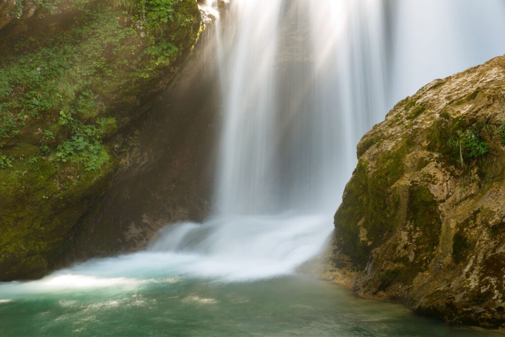 The 16 Metre high Sum Waterfall in Vintgar Gorge, near Bled, Slovenia.