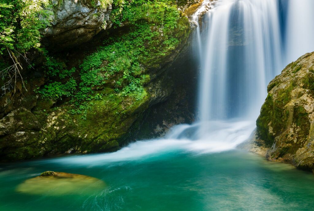 The 16 Metre high Sum Waterfall in Vintgar Gorge, near Bled, Slovenia.