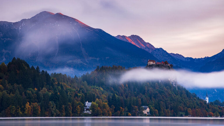 Lake Bled castle and church of Saint Martin, Slovenia.