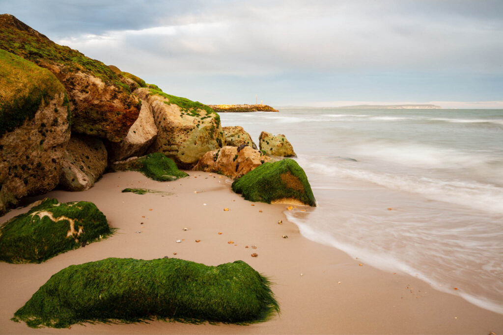 The beautiful coastal landscape at Highcliffe Beach in Dorset.