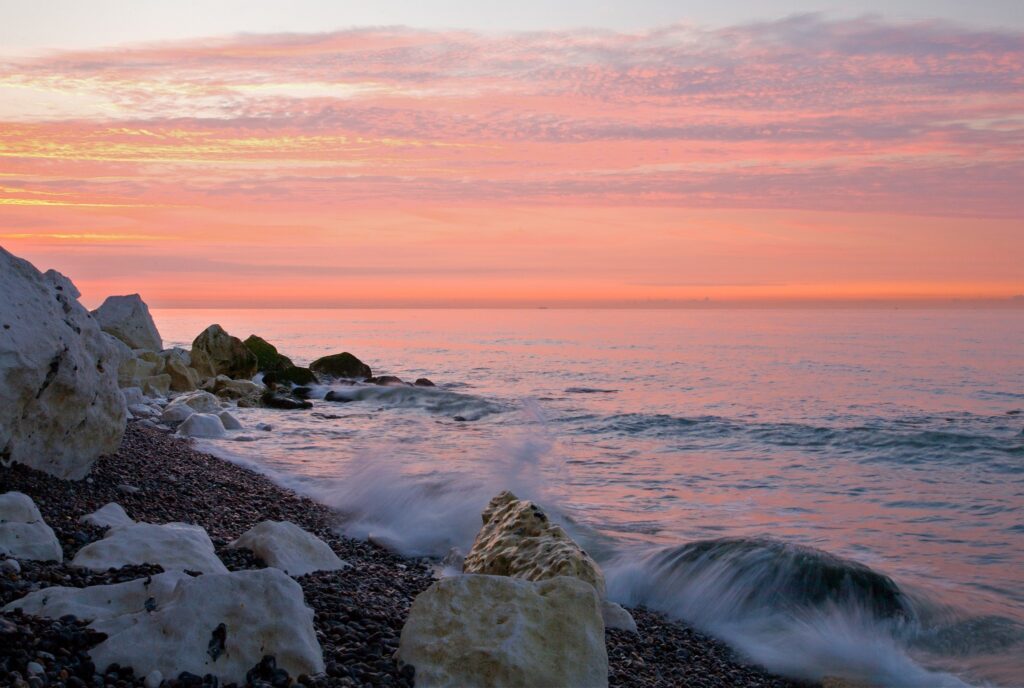 Sunrise at Saint Margaret Bay, at the famous White Cliff of Dover, Kent, England