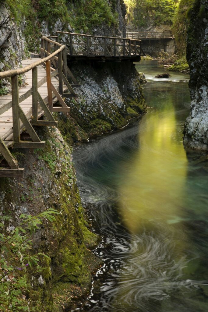 The Soteska Vintgar gorge, Gorje, near Bled, Slovenia. . The 1.6 km long Vintgar gorge carves its way through the vertical rocks of the Hom and Bort hills by the Radovna River.