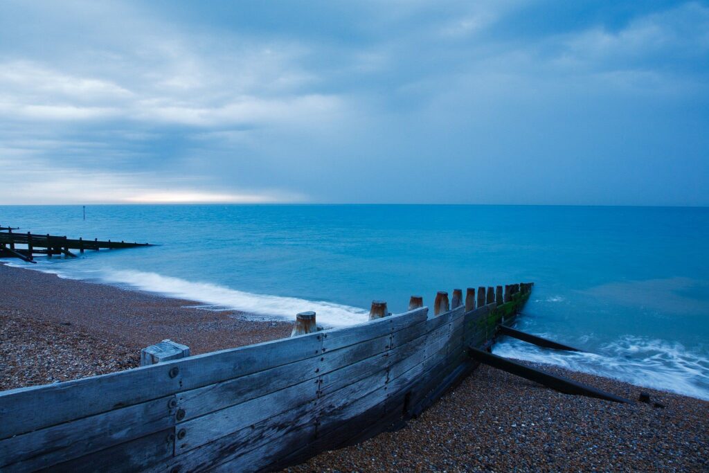 Dawn breaks at Kingsdown beach, near the famous White Cliffs of Dover, Kent, England