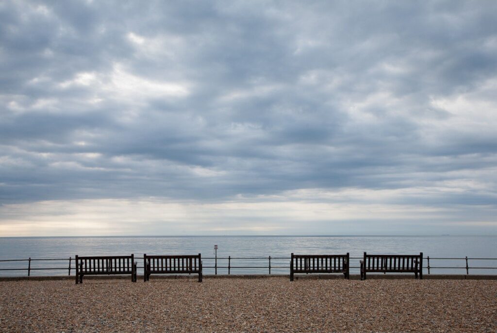 View out to sea in the morning from Kingsdown beach, near the famous White Cliffs of Dover, Kent, England.