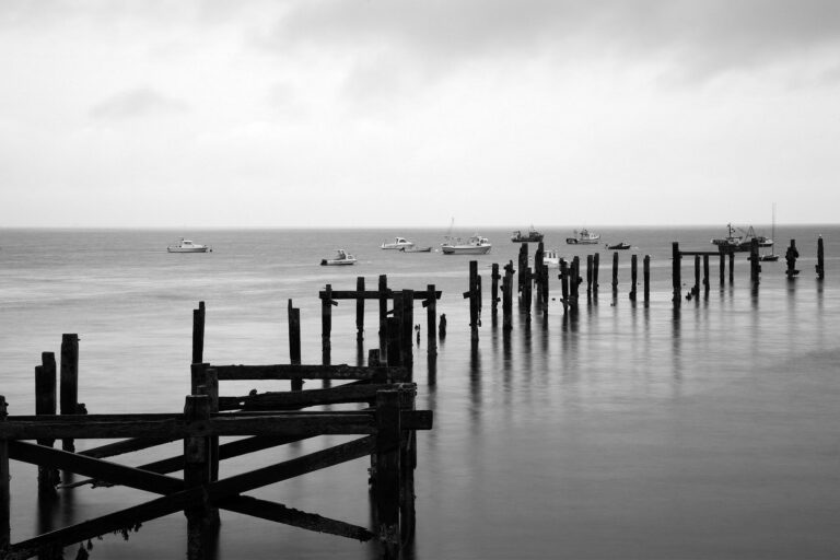 Black and white photo of Swanage old Pier, Dorset, England.