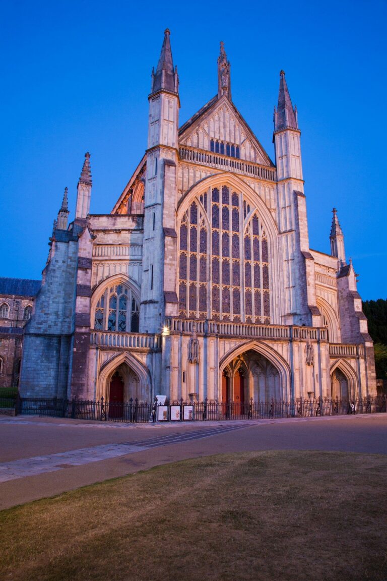 Winchester Cathedral at dusk, Hampshire, England. Winchester is the ancient capital of England.