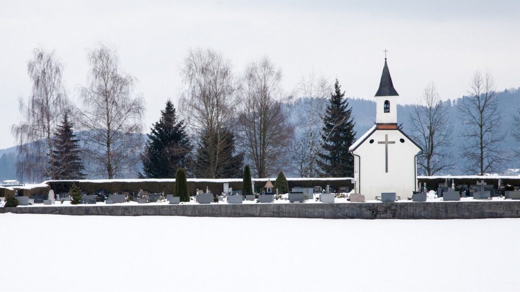 Winter view of a little chapel in Vodice, Gorenjska, Slovenia.