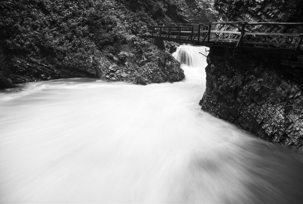 Blejski Vintgar gorge, Gorje, near Bled, Slovenia. The 1.6 km long Vintgar gorge was carved through the vertical rocks of the Hom and Bort hills by the Radovna River.